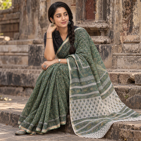 Green Sanganeri hand block print Kota Doria cotton saree by artisan Purushottam Chhipa, draped and worn by a woman, AI visual of the saree, iTokri