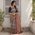 Multicolor Sanganeri hand block print Kota Doria cotton saree by artisan Purushottam Chhipa, draped and worn by a woman, AI visual of the saree, iTokri
