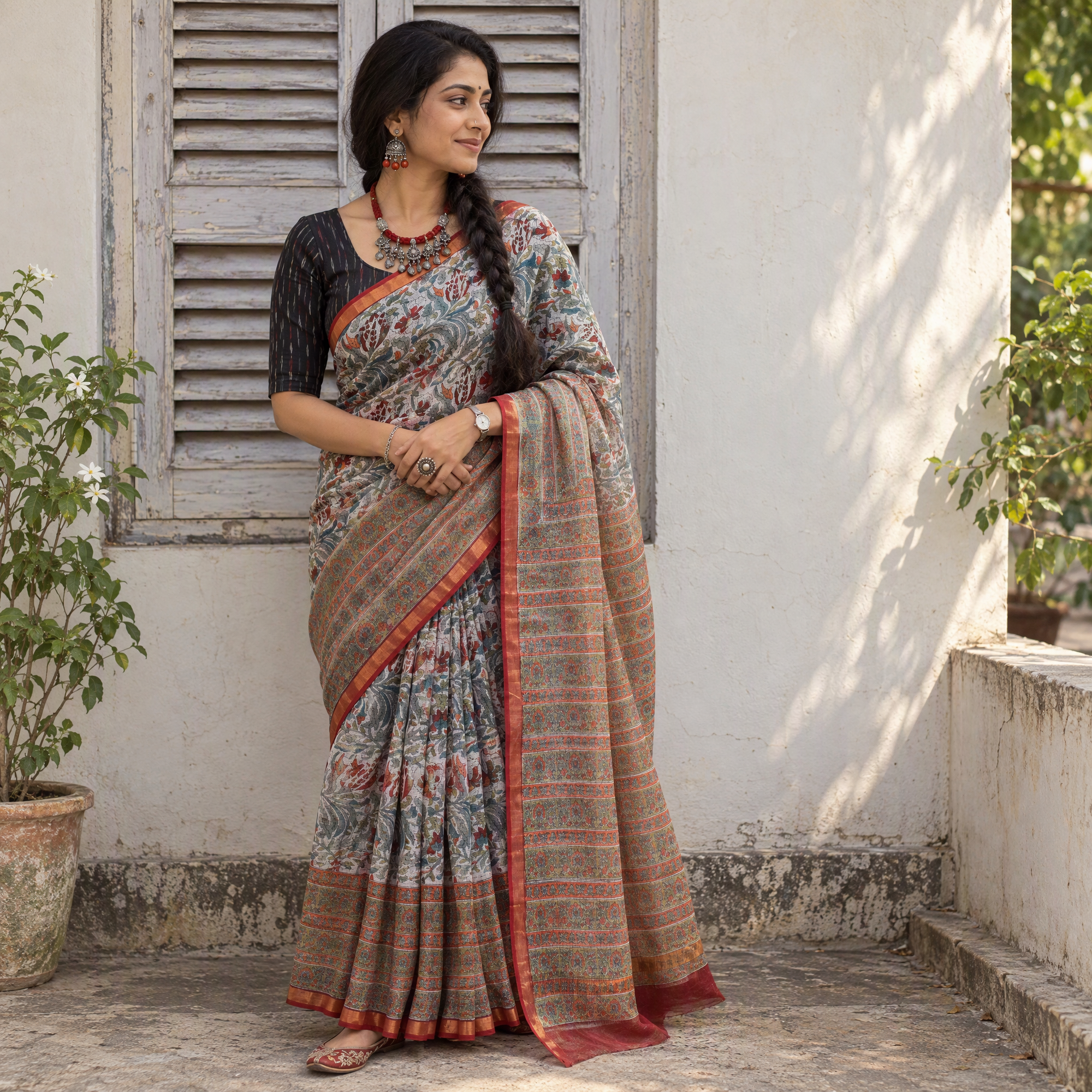 Multicolor Sanganeri hand block print Kota Doria cotton saree by artisan Purushottam Chhipa, draped and worn by a woman, AI visual of the saree, iTokri
