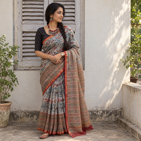 Multicolor Sanganeri hand block print Kota Doria cotton saree by artisan Purushottam Chhipa, draped and worn by a woman, AI visual of the saree, iTokri