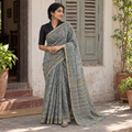 Grey blue Sanganeri hand block print Kota Doria cotton saree by artisan Purushottam Chhipa, draped and worn by a woman, AI visual of the saree, iTokri
