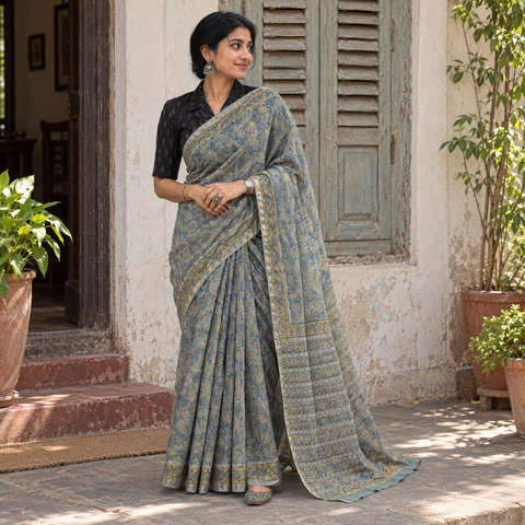 Grey blue Sanganeri hand block print Kota Doria cotton saree by artisan Purushottam Chhipa, draped and worn by a woman, AI visual of the saree, iTokri