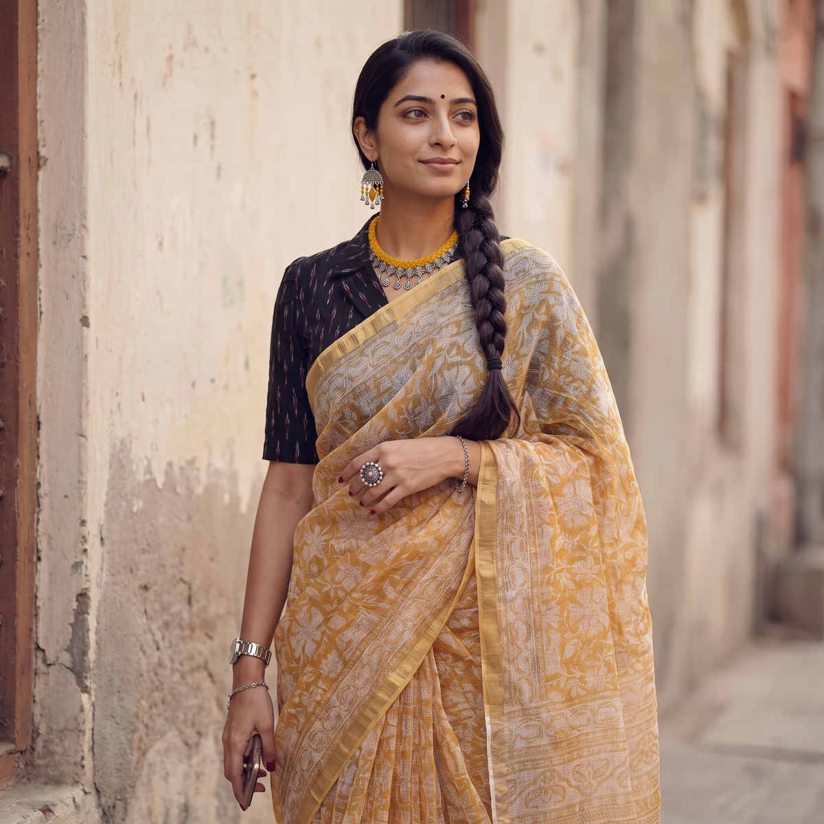 Mustard yellow Sanganeri hand block print Kota Doria cotton saree by artisan Purushottam Chhipa, draped and worn by a woman, AI visual of the saree, iTokri