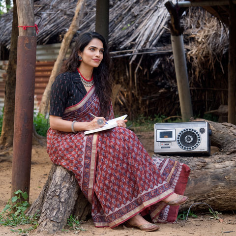 Maroon Sanganeri hand block print Kota Doria cotton saree by artisan Purushottam Chhipa, draped and worn by a woman, AI visual of the saree, iTokri