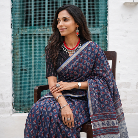 Navy blue Sanganeri hand block print Kota Doria cotton saree by artisan Purushottam Chhipa, draped and worn by a woman, AI visual of the saree, iTokri