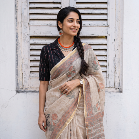 Beige Sanganeri hand block print Kota Doria cotton saree by artisan Purushottam Chhipa, draped and worn by a woman, AI visual of the saree, iTokri