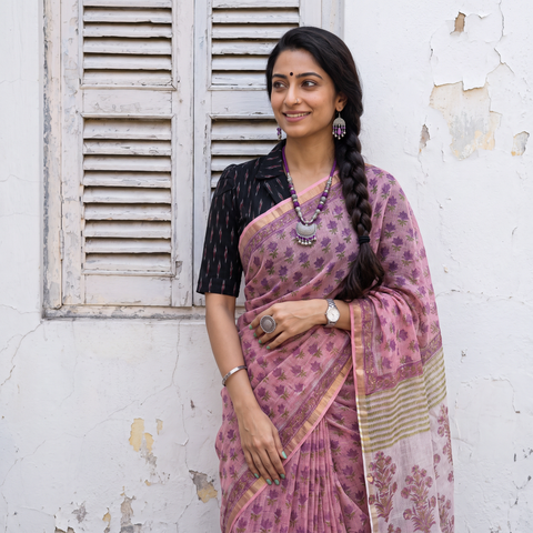 Pink Sanganeri hand block print Kota Doria cotton saree by artisan Purushottam Chhipa, draped and worn by a woman, AI visual of the saree, iTokri