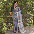 Blue grey Sanganeri hand block print Kota Doria cotton saree by artisan Purushottam Chhipa, draped and worn by a woman, AI visual of the saree, iTokri