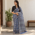 Blue Sanganeri hand block print Kota Doria cotton saree by artisan Purushottam Chhipa, draped and worn by a woman, AI visual of the saree, iTokri