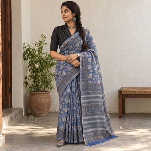 Blue Sanganeri hand block print Kota Doria cotton saree by artisan Purushottam Chhipa, draped and worn by a woman, AI visual of the saree, iTokri
