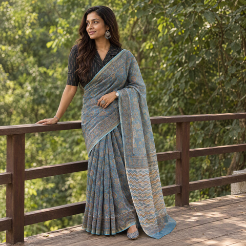 Grey blue Sanganeri hand block print Kota Doria cotton saree by artisan Purushottam Chhipa, draped and worn by a woman, AI visual of the saree, iTokri