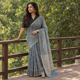 Grey blue Sanganeri hand block print Kota Doria cotton saree by artisan Purushottam Chhipa, draped and worn by a woman, AI visual of the saree, iTokri