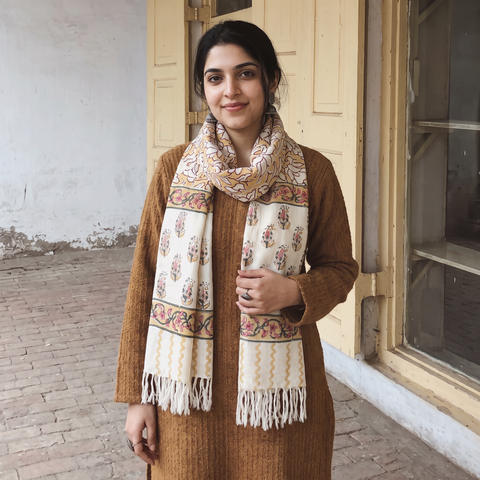 White Sanganeri Hand Block Print Pure Merino Wool Handwoven Stole, worn by a woman, AI visual of the stole, iTokri