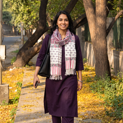 Pink Sanganeri Hand Block Print Pure Merino Wool Handwoven Stole, worn by a woman, AI visual of the stole, iTokri