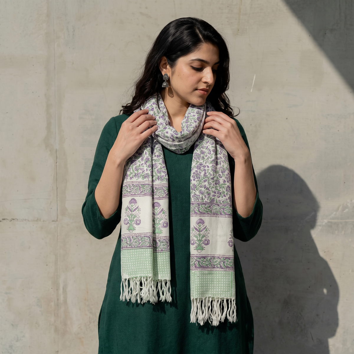 Green Sanganeri Hand Block Print Pure Merino Wool Handwoven Stole, worn by a woman, AI visual of the stole, iTokri