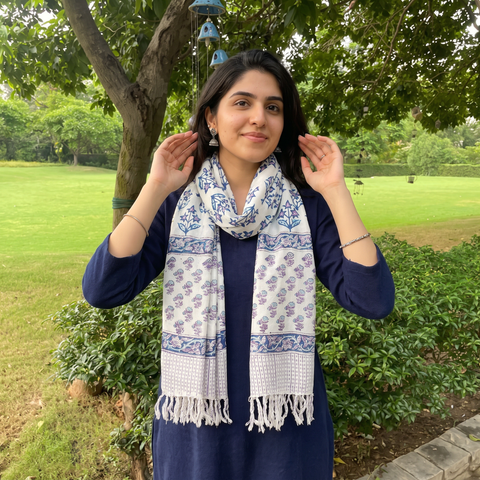 Blue Sanganeri Hand Block Print Pure Merino Wool Handwoven Stole, worn by a woman, AI visual of the stole, iTokri