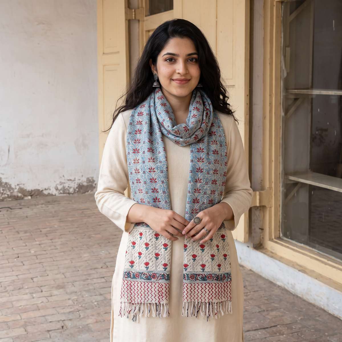 Blue Sanganeri Hand Block Print Pure Merino Wool Handwoven Stole, worn by a woman, AI visual of the stole, iTokri