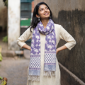 Purple Sanganeri Hand Block Print Pure Merino Wool Handwoven Stole, worn by a woman, AI visual of the stole, iTokri