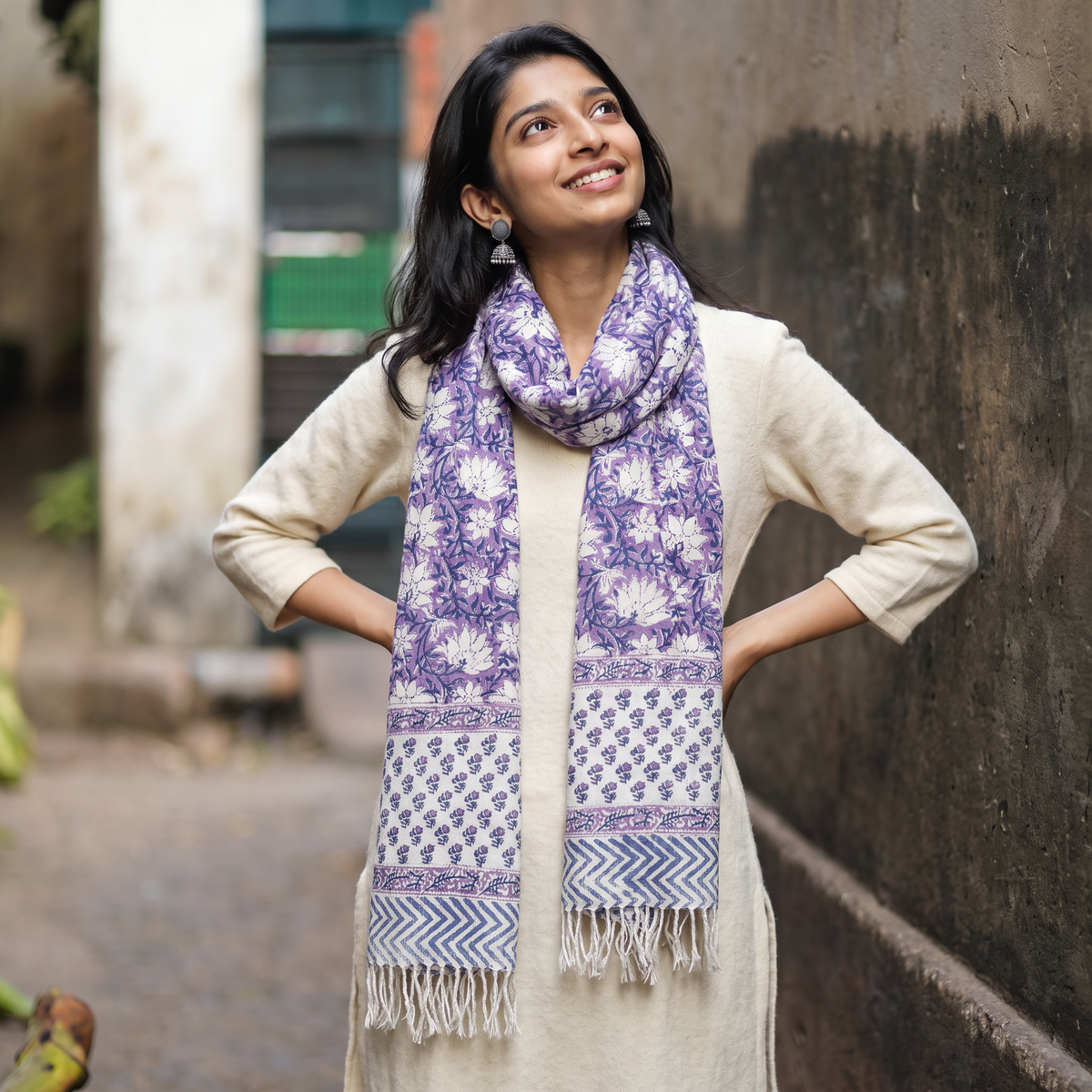 Purple Sanganeri Hand Block Print Pure Merino Wool Handwoven Stole, worn by a woman, AI visual of the stole, iTokri