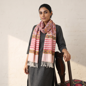 Pink Sanganeri Hand Block Print Pure Merino Wool Handwoven Stole, worn by a woman, AI visual of the stole, iTokri