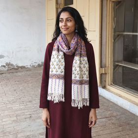 Purple Sanganeri Hand Block Print Pure Merino Wool Handwoven Stole, worn by a woman, AI visual of the stole, iTokri