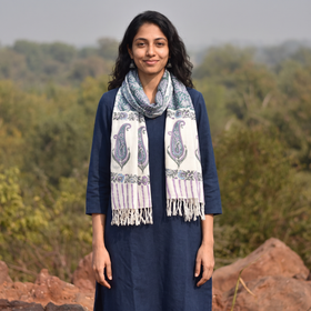 Multicolor Sanganeri Hand Block Print Pure Merino Wool Handwoven Stole, worn by a woman, AI visual of the stole, iTokri