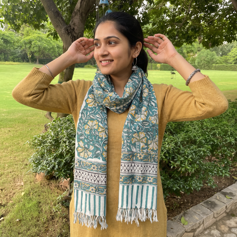 Green Sanganeri Hand Block Print Pure Merino Wool Handwoven Stole, worn by a woman, AI visual of the stole, iTokri