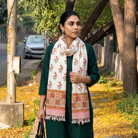 Multicolor Sanganeri Hand Block Print Pure Merino Wool Handwoven Stole, worn by a woman, AI visual of the stole, iTokri
