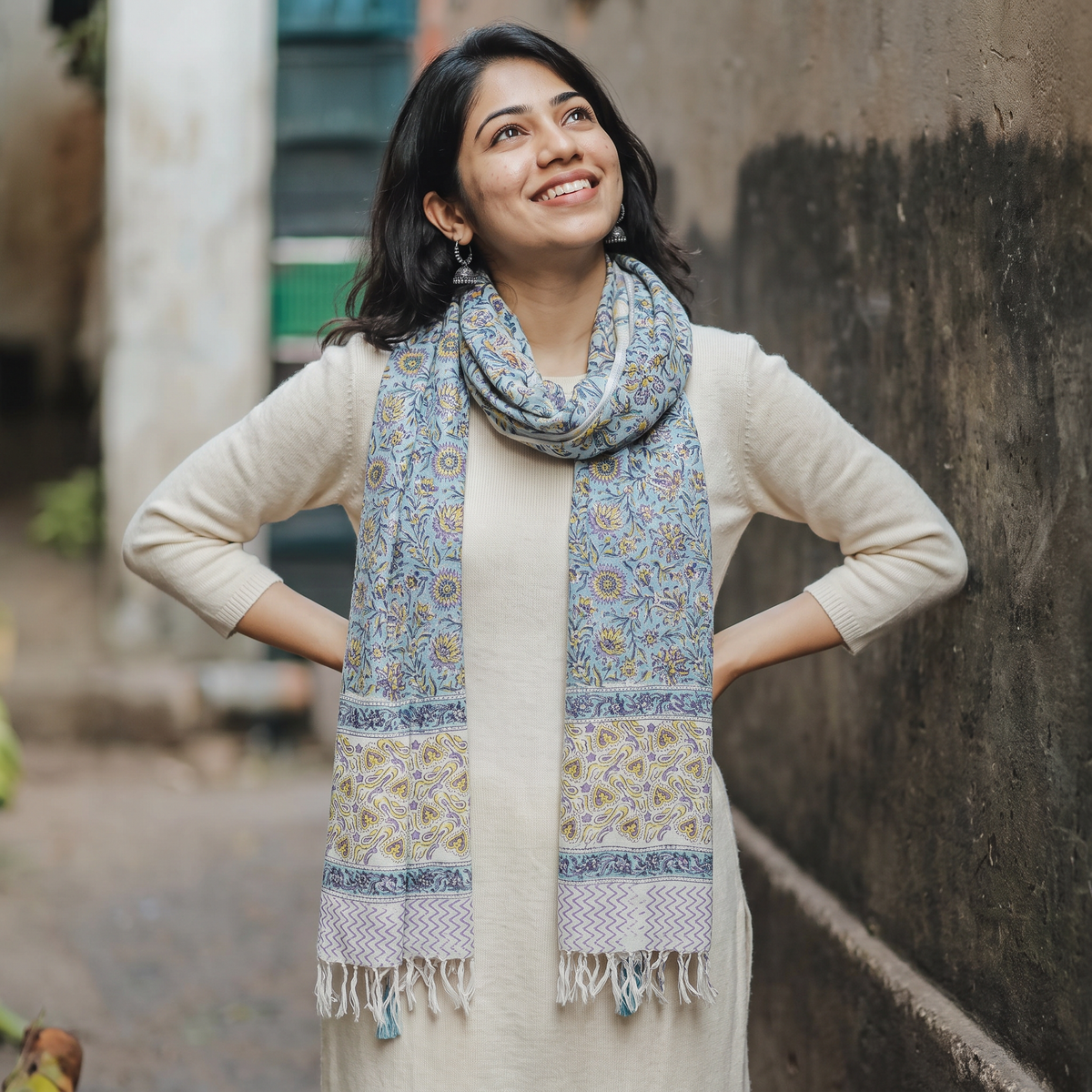 Green Sanganeri Hand Block Print Pure Merino Wool Handwoven Stole, worn by a woman, AI visual of the stole, iTokri