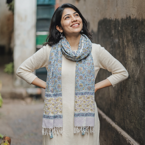 Green Sanganeri Hand Block Print Pure Merino Wool Handwoven Stole, worn by a woman, AI visual of the stole, iTokri
