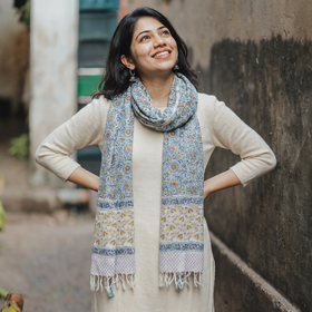 Green Sanganeri Hand Block Print Pure Merino Wool Handwoven Stole, worn by a woman, AI visual of the stole, iTokri
