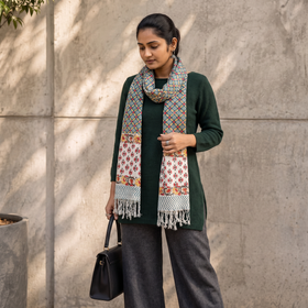 Green Sanganeri Hand Block Print Pure Merino Wool Handwoven Stole, worn by a woman, AI visual of the stole, iTokri
