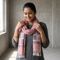 Pink Sanganeri Hand Block Print Pure Merino Wool Handwoven Stole, worn by a woman, AI visual of the stole, iTokri