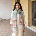 Green Sanganeri Hand Block Print Pure Merino Wool Handwoven Stole, worn by a woman, AI visual of the stole, iTokri