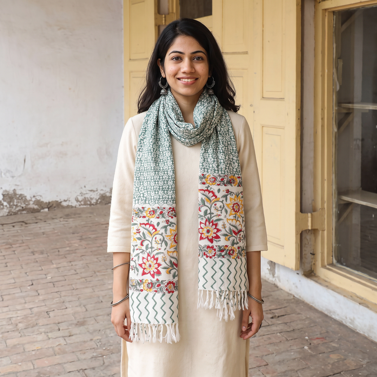 Green Sanganeri Hand Block Print Pure Merino Wool Handwoven Stole, worn by a woman, AI visual of the stole, iTokri
