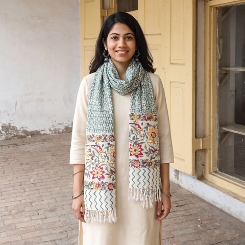 Green Sanganeri Hand Block Print Pure Merino Wool Handwoven Stole, worn by a woman, AI visual of the stole, iTokri