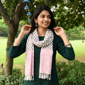 Pink Sanganeri Hand Block Print Pure Merino Wool Handwoven Stole, worn by a woman, AI visual of the stole, iTokri