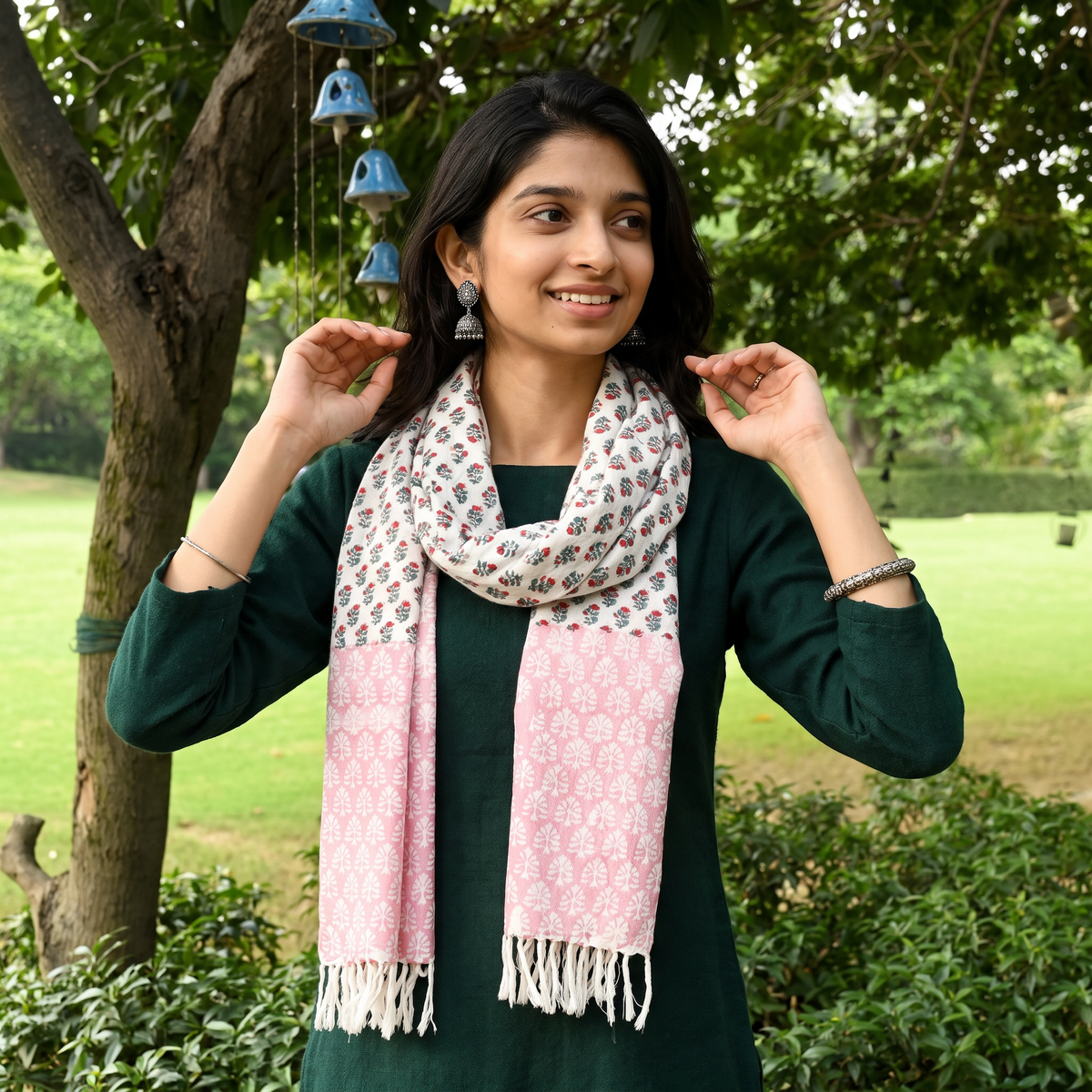 Pink Sanganeri Hand Block Print Pure Merino Wool Handwoven Stole, worn by a woman, AI visual of the stole, iTokri