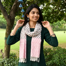 Pink Sanganeri Hand Block Print Pure Merino Wool Handwoven Stole, worn by a woman, AI visual of the stole, iTokri