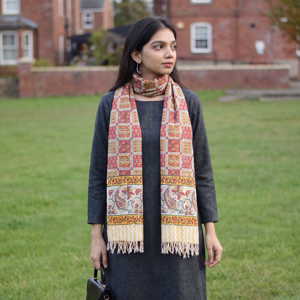 Multicolor Sanganeri Hand Block Print Pure Merino Wool Handwoven Stole, worn by a woman, AI visual of the stole, iTokri