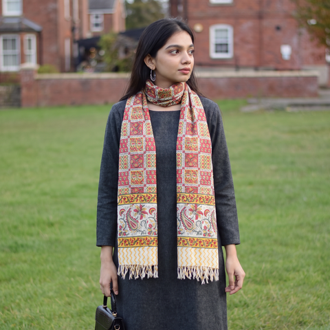 Multicolor Sanganeri Hand Block Print Pure Merino Wool Handwoven Stole, worn by a woman, AI visual of the stole, iTokri