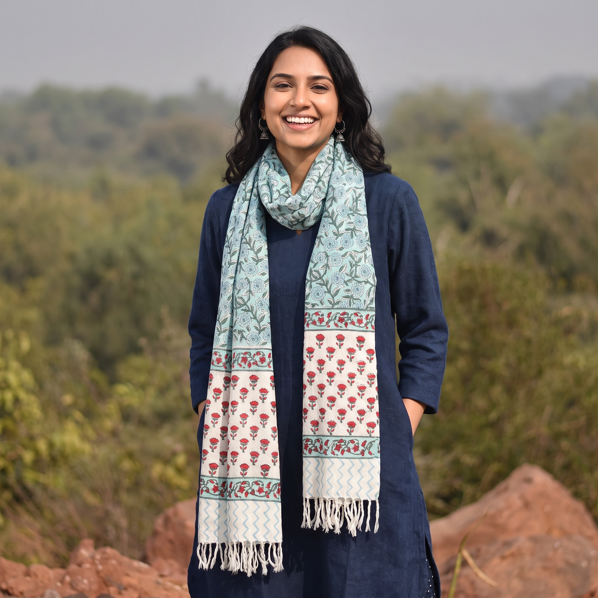 Green Sanganeri Hand Block Print Pure Merino Wool Handwoven Stole, worn by a woman, AI visual of the stole, iTokri