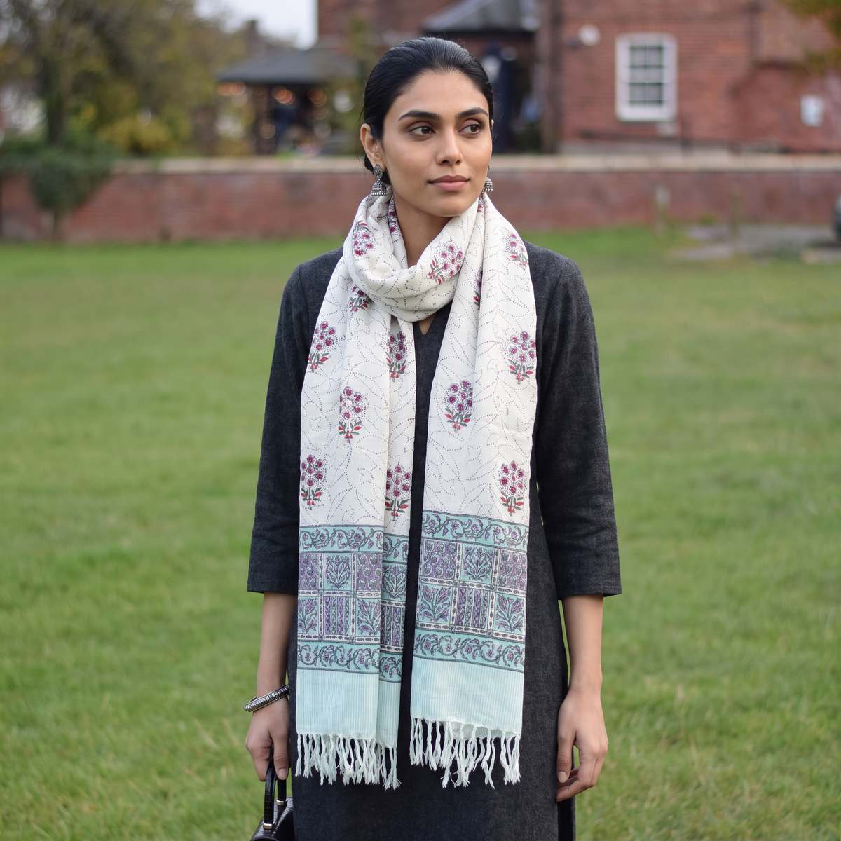 Green Sanganeri Hand Block Print Pure Merino Wool Handwoven Stole, worn by a woman, AI visual of the stole, iTokri
