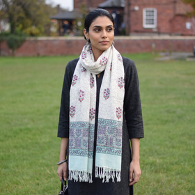 Green Sanganeri Hand Block Print Pure Merino Wool Handwoven Stole, worn by a woman, AI visual of the stole, iTokri