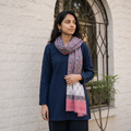 Purple Sanganeri Hand Block Print Pure Merino Wool Stole, worn by a woman, AI visual of the stole, iTokri