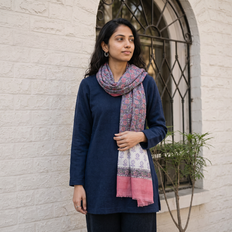 Purple Sanganeri Hand Block Print Pure Merino Wool Stole, worn by a woman, AI visual of the stole, iTokri