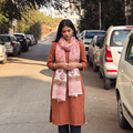 Pink Sanganeri Hand Block Print Pure Merino Wool Stole, worn by a woman, AI visual of the stole, iTokri