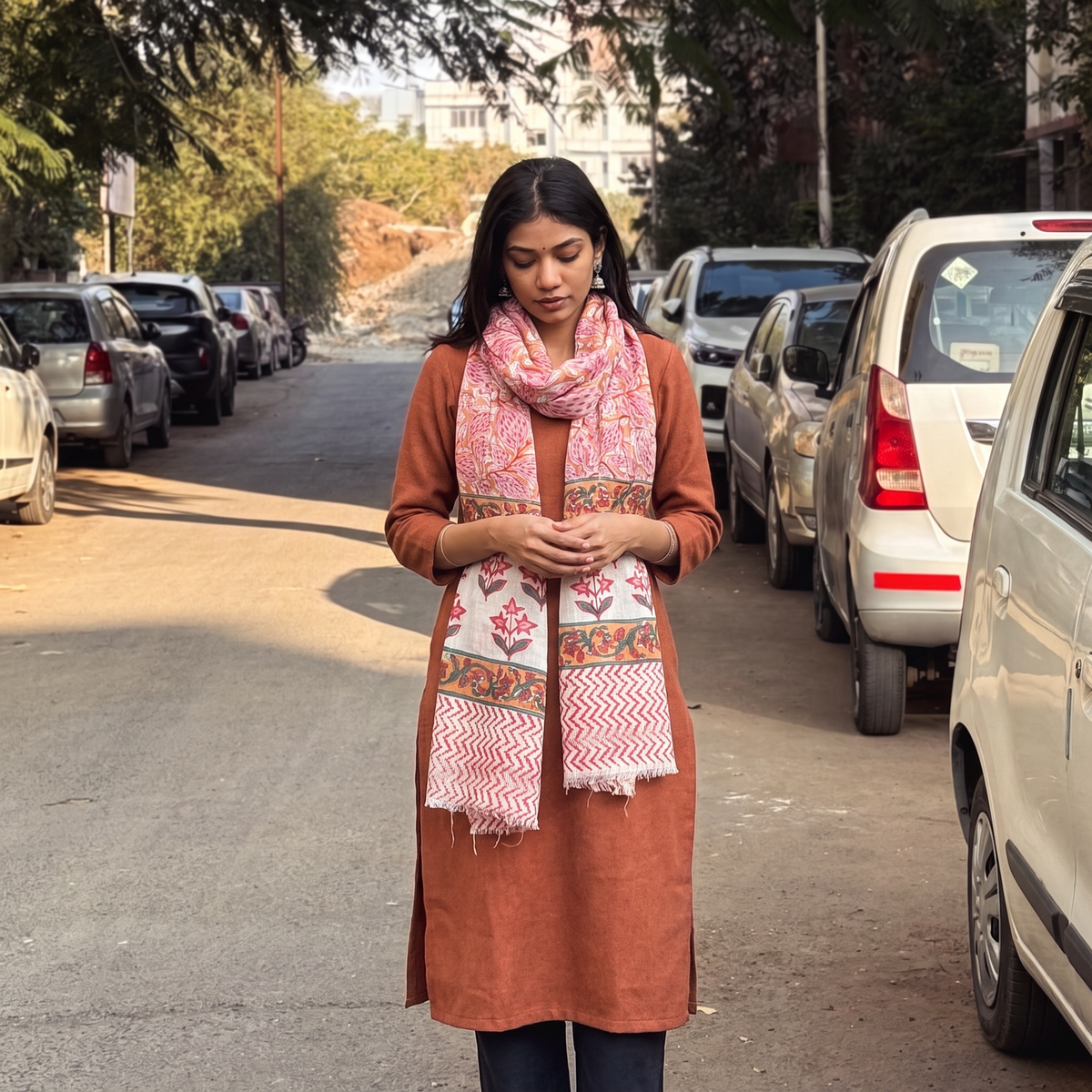 Pink Sanganeri Hand Block Print Pure Merino Wool Stole, worn by a woman, AI visual of the stole, iTokri