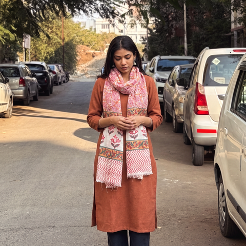 Pink Sanganeri Hand Block Print Pure Merino Wool Stole, worn by a woman, AI visual of the stole, iTokri