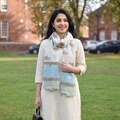 Blue Sanganeri Hand Block Print Pure Merino Wool Stole, worn by a woman, AI visual of the stole, iTokri